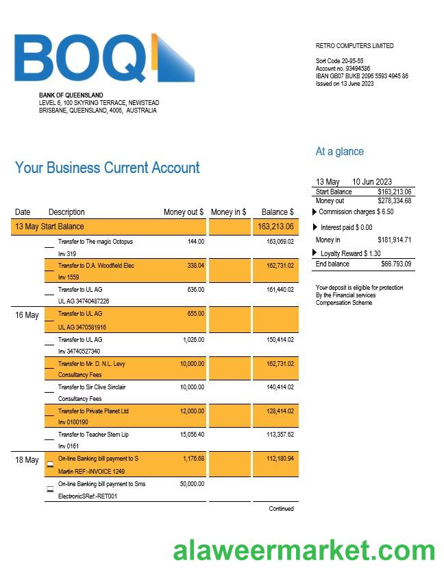 BANK of Queensland business checking account statement Word and PDF template